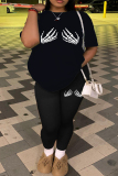 Black Skull Finger Print O Neck Short Sleeve Oversize T-shirt And Skinny Pants Casual Plus Size Two Pieces Trouser Sets