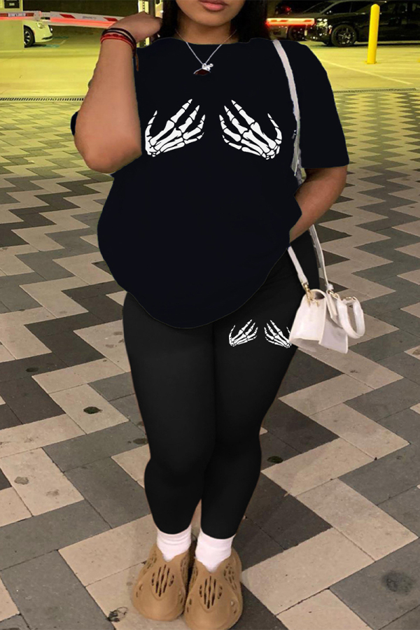 Black Skull Finger Print O Neck Short Sleeve Oversize T-shirt And Skinny Pants Casual Plus Size Two Pieces Trouser Sets