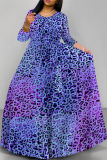 Orange Leopard Striped Print O Neck Long Sleeve Belt Loose Vacation A Line Maxi Swing Dresses