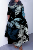 Blue Graphics Print O Neck 3/4 Sleeve Belted Pockets Long Vacation Casual Pleated A Line Maxi Dresses