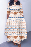 Blue Yellow Graphics Print O Neck 3/4 Sleeve Belted Pockets Long Vacation Casual Pleated A Line Maxi Dresses