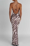 Zebra Print Sleeveless Backless Cross Straps Spaghetti Strap Vacation Bodycon Maxi Dresses