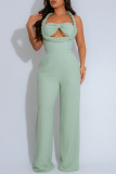 Apricot Sleeveless Backless Keyhole Cutout Knitted Casual Vacation Halter Wide Leg Jumpsuits