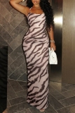 Zebra Print Sleeveless Backless Cross Straps Spaghetti Strap Vacation Bodycon Maxi Dresses