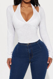 Pink Deep V Neck Long Sleeve Slim Fit Crop Tops
