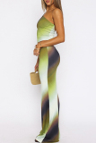 Green Gradient Print Backless Sleeveless Oblique Collar Crop Tops And Maxi Skirt Night Club Two Pieces Dress Sets (Without  Waist Chain)