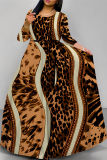 Orange Leopard Striped Print O Neck Long Sleeve Belt Loose Vacation A Line Maxi Swing Dresses