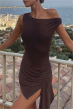 Black Sleeveless Oblique Collar Slit  Irregular Hem Night Club Ruched Bodycon Mini Dresses