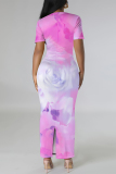 Light Flowers Gradient Print O Neck Short Sleeve Casual Outing Bodycon T Shirt Midi Dress