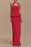 Red Backless Sleeveless Halter Tops And Maxi Skirt Formal Evening Party Prom Two Pieces Dress Sets