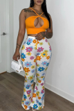 White Floral Print Mid Waist Casual Flare Leg Pants