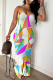 White Purple Graphics Print Sleeveless Backless Spaghetti Strap Casual Bodycon Maxi Slip Dresses