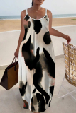 White Blue Graphics Print Backless Spaghetti Strap Sleeveless Vacation Loose Long Maxi Slip Dresses