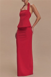 Red Backless Sleeveless Halter Tops And Maxi Skirt Formal Evening Party Prom Two Pieces Dress Sets