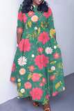 Dark Green Floral Print O Neck 3/4 Sleeve Belted Pockets Long Vacation Casual Pleated A Line Maxi Dresses