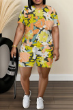 Pastel Green Floral Print Round Neck Short Sleeve T-shirt And Shorts Casual Two Pieces Matching Sets