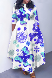 Royal Blue Graphics Print O Neck 3/4 Sleeve Belted Pockets Long Vacation Casual Pleated A Line Maxi Dresses