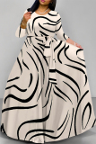Orange Leopard Striped Print O Neck Long Sleeve Belt Loose Vacation A Line Maxi Swing Dresses