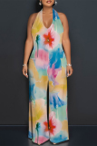 Light Pink Floral Print Lace Up Sleeveless Backless Loose Straight Leg Halter Jumpsuits