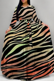 Orange Leopard Striped Print O Neck Long Sleeve Belt Loose Vacation A Line Maxi Swing Dresses