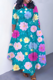 Dark Green Floral Print O Neck 3/4 Sleeve Belted Pockets Long Vacation Casual Pleated A Line Maxi Dresses