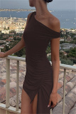 Black Sleeveless Oblique Collar Slit  Irregular Hem Night Club Ruched Bodycon Mini Dresses