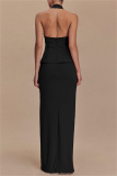 Red Backless Sleeveless Halter Tops And Maxi Skirt Formal Evening Party Prom Two Pieces Dress Sets