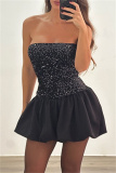 Black Sequins Backless Strapless Sleeveless Formal Evening Party Prom Pleated Tube Mini Dresses