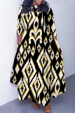 Red Graphics Print O Neck 3/4 Sleeve Belted Pockets Long Vacation Casual Pleated A Line Maxi Dresses