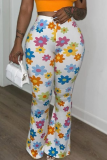 White Floral Print Mid Waist Casual Flare Leg Pants