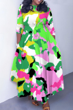 Orange Brown Graphics Print O Neck 3/4 Sleeve Belted Pockets Long Vacation Casual Pleated A Line Maxi Dresses