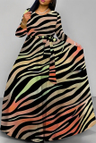 Orange Leopard Striped Print O Neck Long Sleeve Belt Loose Vacation A Line Maxi Swing Dresses
