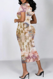 Dark Gray Butterfly Floral Print O Neck Short Sleeve Casual Bodycon Midi T-shirt Dress