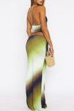 Green Gradient Print Backless Sleeveless Oblique Collar Crop Tops And Maxi Skirt Night Club Two Pieces Dress Sets (Without  Waist Chain)
