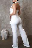 Red Bow Sleeveless Turndown Collar Buttons Formal Office Lady Casual Straight Leg Jumpsuits