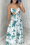 Green Floral Print Strapless Sleeveless Hollow Out Strap Design Vacation Tube Maxi Dresses