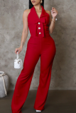 Red Bow Sleeveless Turndown Collar Buttons Formal Office Lady Casual Straight Leg Jumpsuits