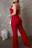 Red Bow Sleeveless Turndown Collar Buttons Formal Office Lady Casual Straight Leg Jumpsuits
