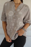 White Lace Embroidery V Neck Long Sleeve Buttons Casual Vacation Shirt Tops