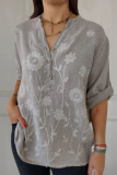 White Lace Embroidery V Neck Long Sleeve Buttons Casual Vacation Shirt Tops
