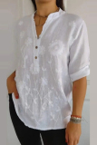 White Lace Embroidery V Neck Long Sleeve Buttons Casual Vacation Shirt Tops