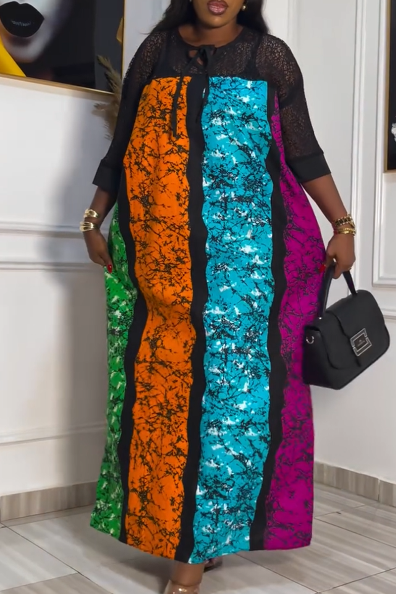 Fashion 3/4 Sleeve V Neck Striped Loose Maxi Dress
