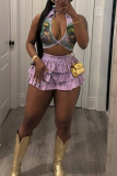 Purple Graphcis Print Deep V Neck Sleeveless Crop Tops And Tiered Layer Mini Skirt Two Pieces Dress Sets