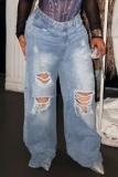 Blue Mid Waist Casual Wide Leg Pants Ripped Denim Jeans