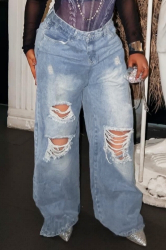 Blue Mid Waist Casual Wide Leg Pants Ripped Denim Jeans
