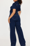 Blue Turndown Collar Short Sleeve Pocket Buttons Casual Straight Leg Denim Jumpsuits