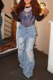 Blue Mid Waist Casual Wide Leg Pants Ripped Denim Jeans