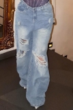 Blue Mid Waist Casual Wide Leg Pants Ripped Denim Jeans