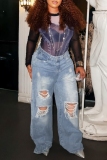 Blue Mid Waist Casual Wide Leg Pants Ripped Denim Jeans