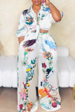 White Graphics Print Turndown Collar Half Sleeve Buckle Blouse And Wide Leg Pants Casual Vacation Two Pieces Trouser Sets
